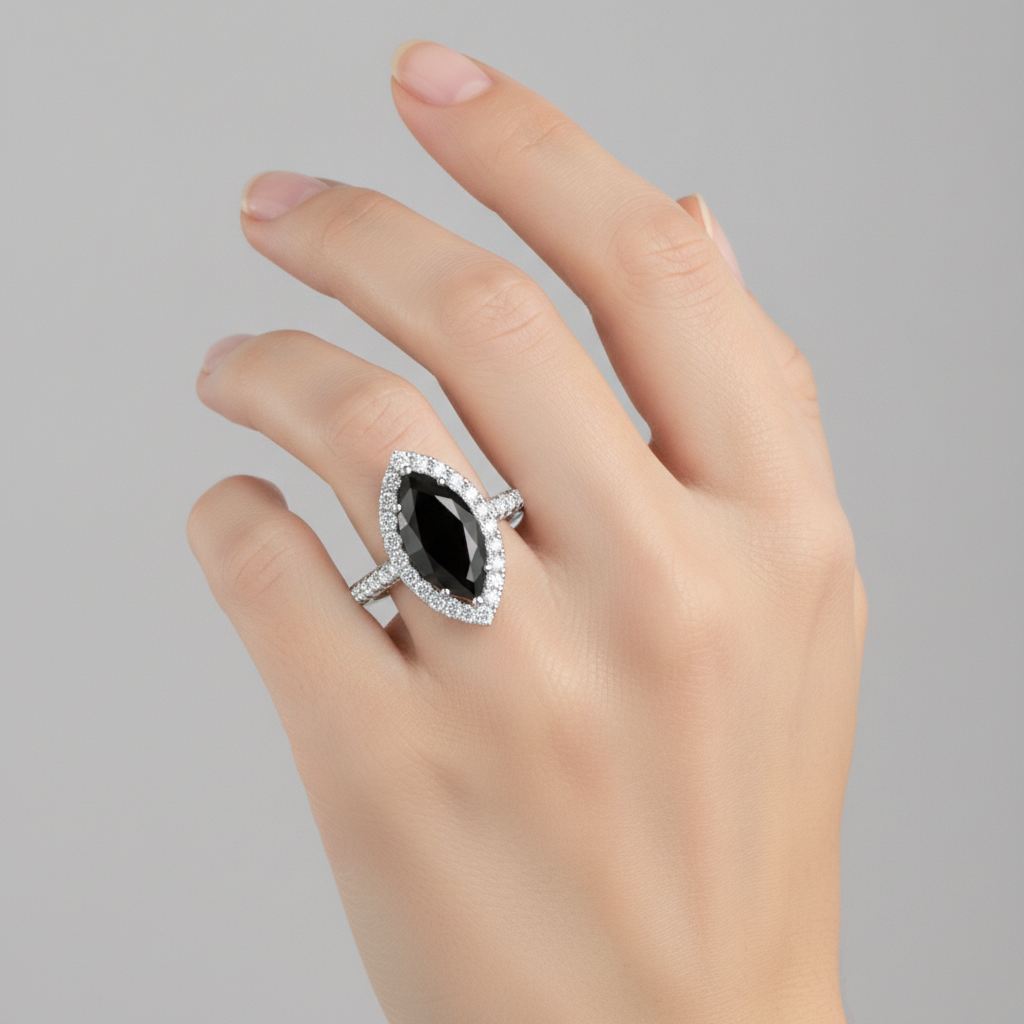 Black Diamond Jewellery 6 Carat Genuine Marquise Halo Ring 14K White Gold