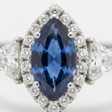 Sapphire Engagement Ring 3 Carat Genuine Marquise Blue Halo Three Stone Platinum