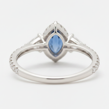 Sapphire Engagement Ring 3 Carat Genuine Marquise Blue Halo Three Stone Platinum
