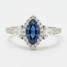 Sapphire Engagement Ring 3 Carat Genuine Marquise Blue Halo Three Stone Platinum