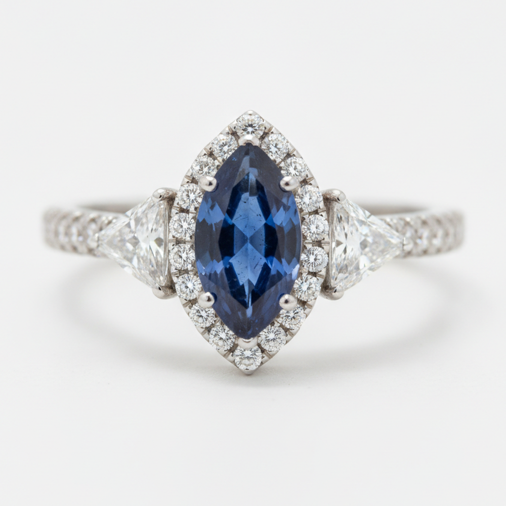 Sapphire Engagement Ring 3 Carat Genuine Marquise Blue Halo Three Stone Platinum