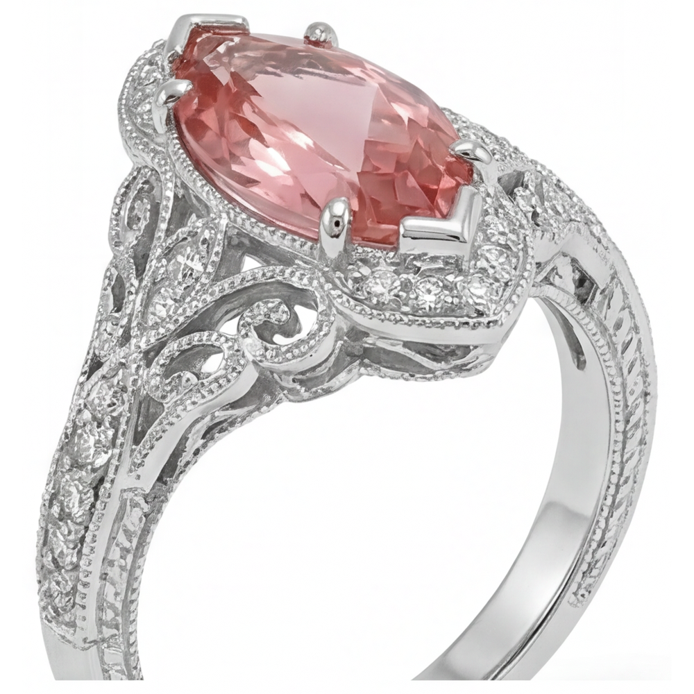 Peach Sapphire Engagement Ring 3.8 Carat Lab Grown Marquise Padparadscha Halo 14K White Gold