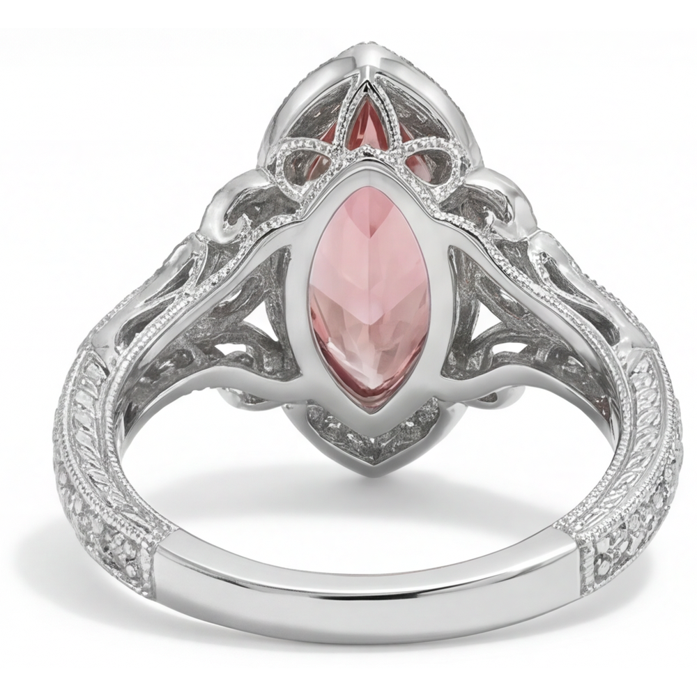 Peach Sapphire Engagement Ring 3.8 Carat Lab Grown Marquise Padparadscha Halo 14K White Gold