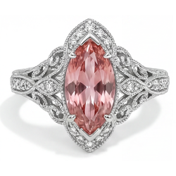 Peach Sapphire Engagement Ring 3.8 Carat Lab Grown Marquise Padparadscha Halo 14K White Gold