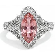Peach Sapphire Engagement Ring 3.8 Carat Lab Grown Marquise Padparadscha Halo 14K White Gold