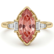Peach Sapphire Engagement Ring 4.1 Carat Lab Grown Marquise Padparadscha and White Baguette Three Stone Cathedral 14K Yellow Gold