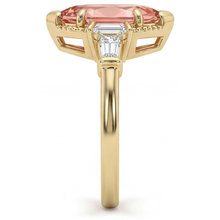 Peach Sapphire Engagement Ring 4.1 Carat Lab Grown Marquise Padparadscha and White Baguette Three Stone Cathedral 14K Yellow Gold