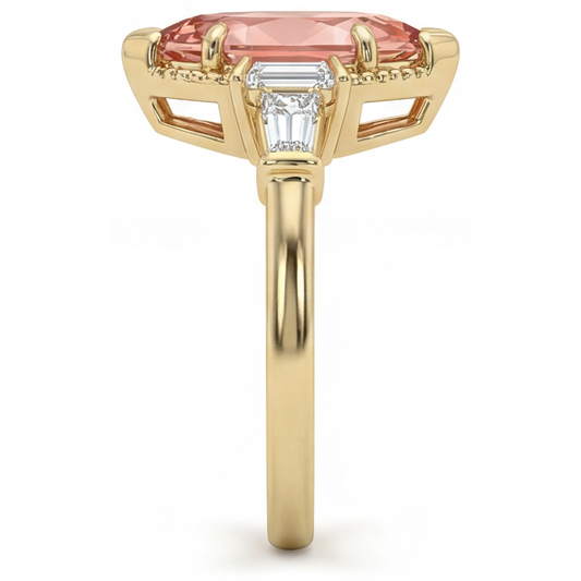 Peach Sapphire Engagement Ring 4.1 Carat Lab Grown Marquise Padparadscha and White Baguette Three Stone Cathedral 14K Yellow Gold