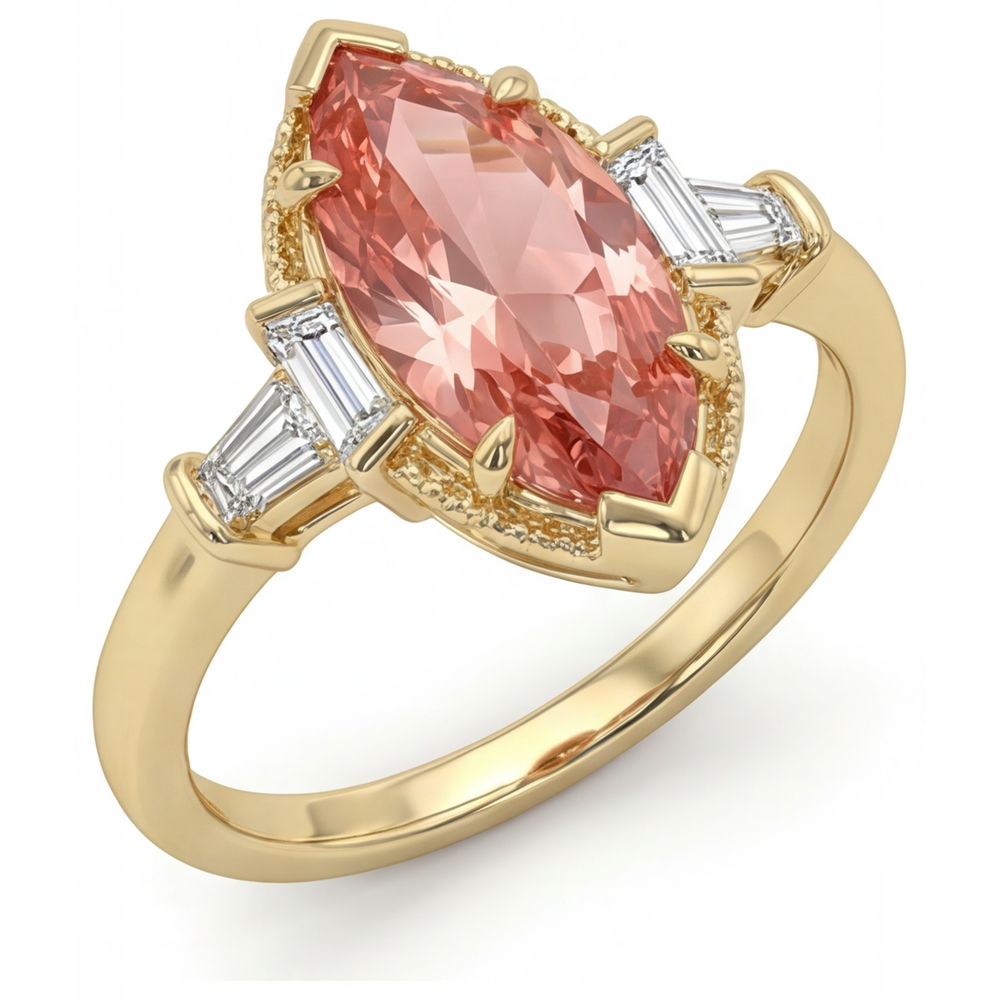 Peach Sapphire Engagement Ring 4.1 Carat Lab Grown Marquise Padparadscha and White Baguette Three Stone Cathedral 14K Yellow Gold