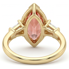 Peach Sapphire Engagement Ring 4.1 Carat Lab Grown Marquise Padparadscha and White Baguette Three Stone Cathedral 14K Yellow Gold