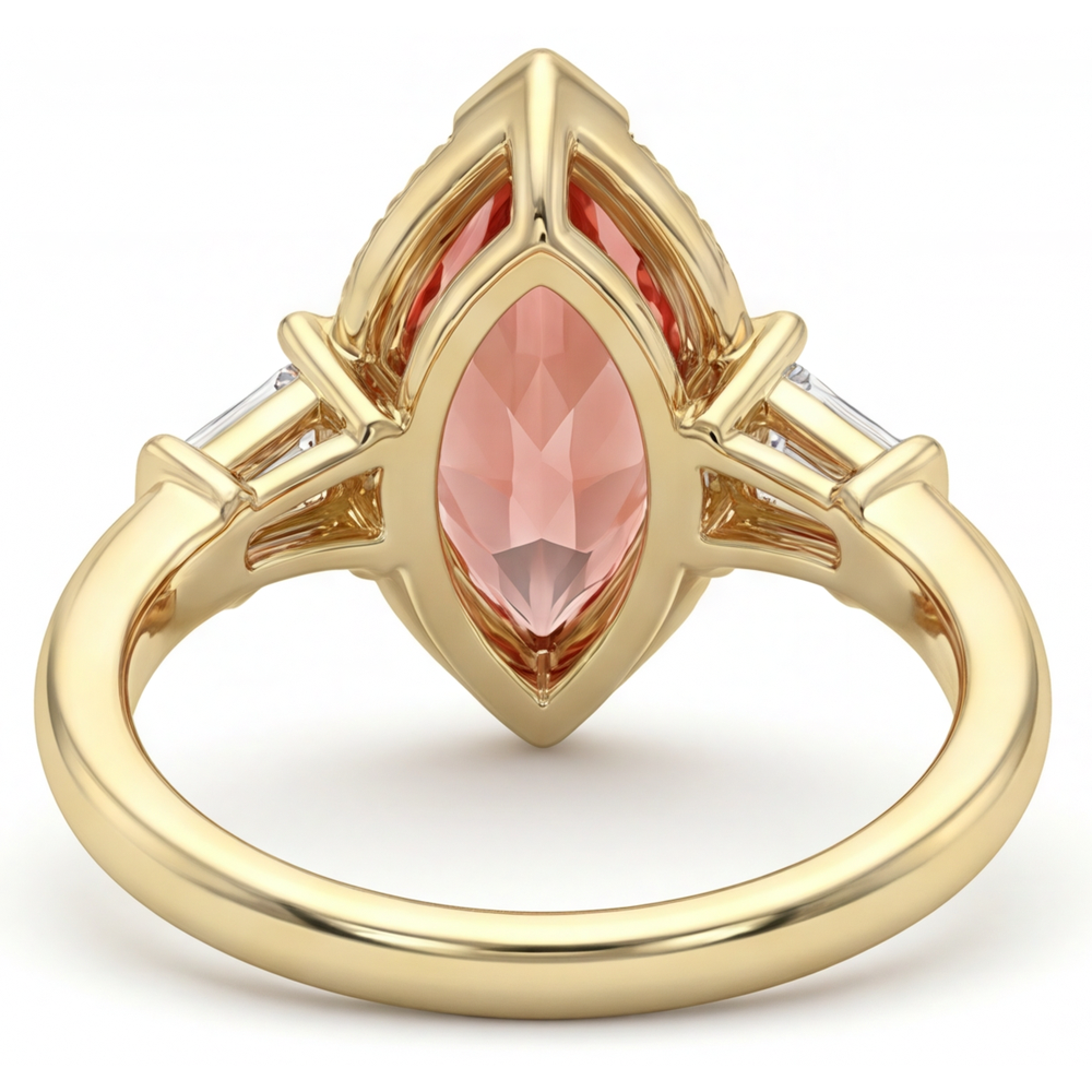 Peach Sapphire Engagement Ring 4.1 Carat Lab Grown Marquise Padparadscha and White Baguette Three Stone Cathedral 14K Yellow Gold