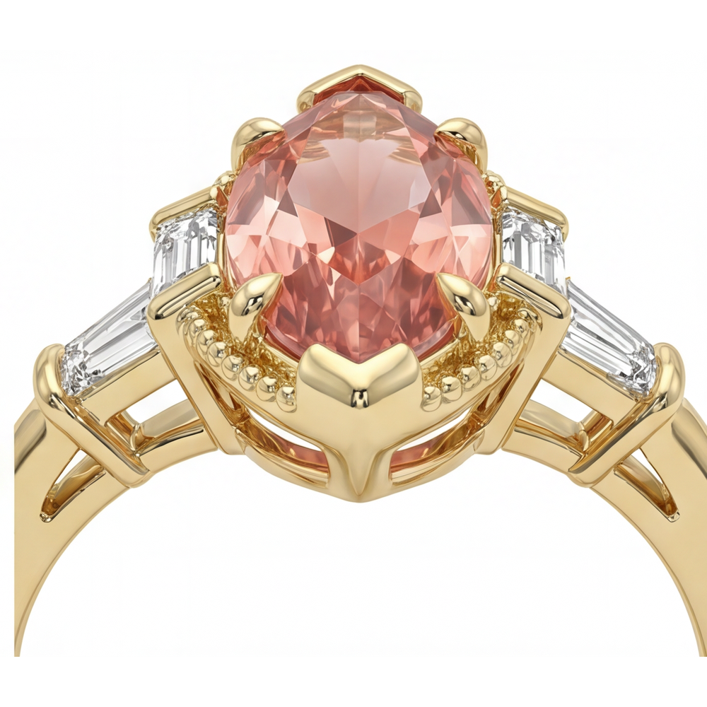 Padparadscha Sapphire Ring 4.1 Carat Lab Grown Marquise and White Baguette Three Stone Plain 14K Yellow Gold