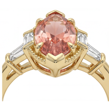 Padparadscha Sapphire Ring 4.1 Carat Lab Grown Marquise and White Baguette Three Stone Plain 14K Yellow Gold