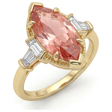 Padparadscha Sapphire Ring 4.1 Carat Lab Grown Marquise and White Baguette Three Stone Plain 14K Yellow Gold
