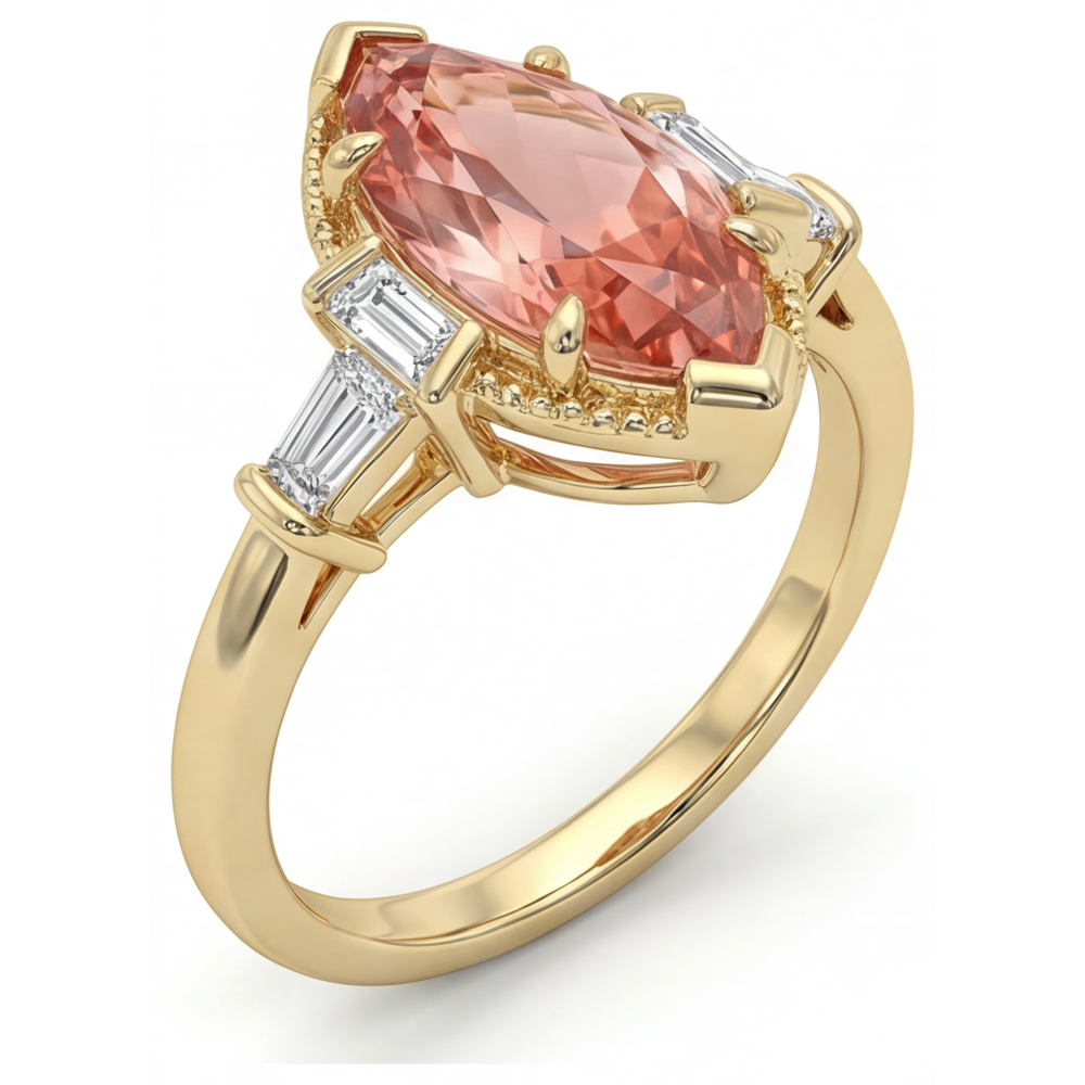 Padparadscha Sapphire Ring 4.1 Carat Lab Grown Marquise and White Baguette Three Stone Plain 14K Yellow Gold