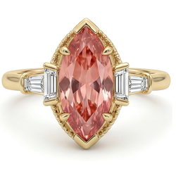 Padparadscha Sapphire Ring 4.1 Carat Lab Grown Marquise and White Baguette Three Stone Plain 14K Yellow Gold