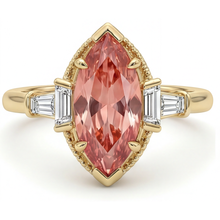 Padparadscha Sapphire Ring 4.1 Carat Lab Grown Marquise and White Baguette Three Stone Plain 14K Yellow Gold