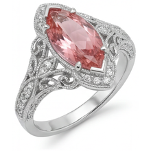 Peach Sapphire 3.8 Carat Lab Grown Marquise Padparadscha Halo Vintage Ring 14K White Gold