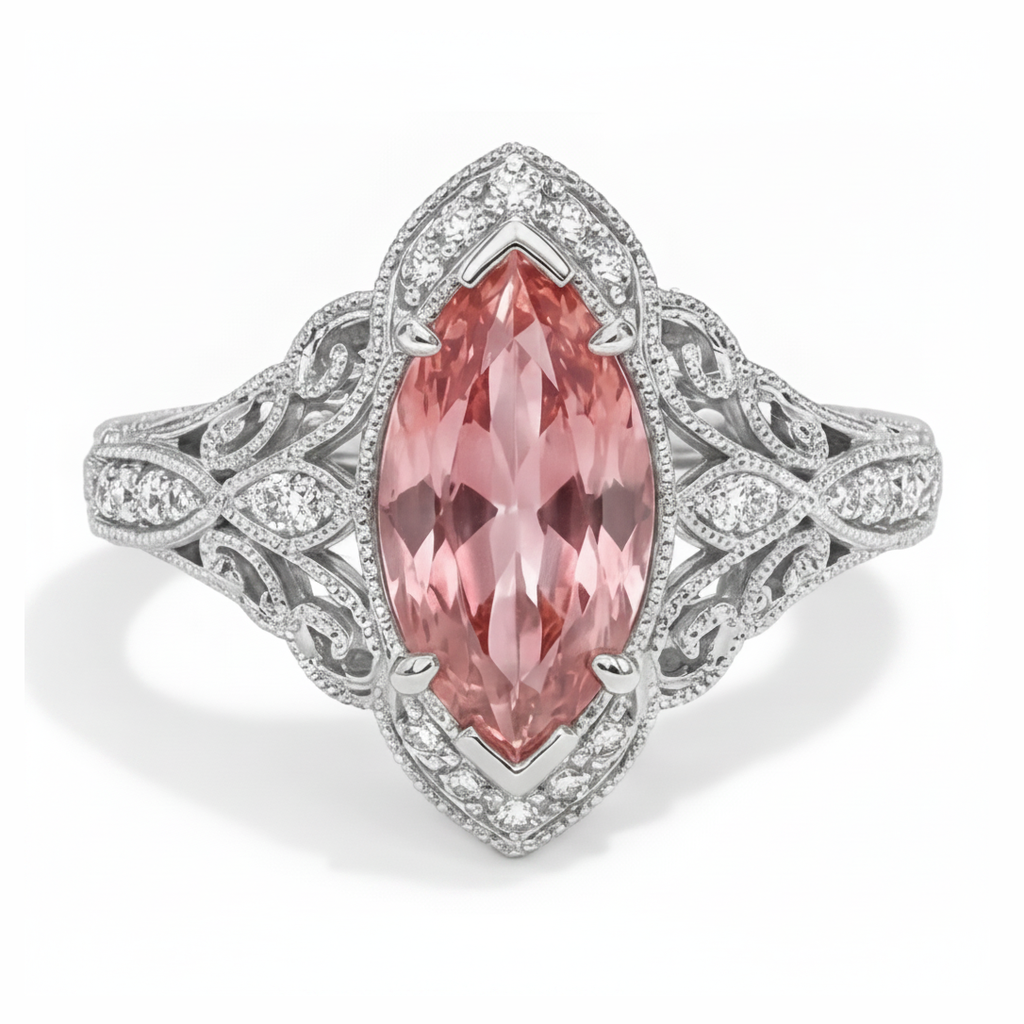 Peach Sapphire 3.8 Carat Lab Grown Marquise Padparadscha Halo Vintage Ring 14K White Gold
