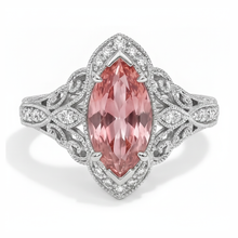 Peach Sapphire 3.8 Carat Lab Grown Marquise Padparadscha Halo Vintage Ring 14K White Gold