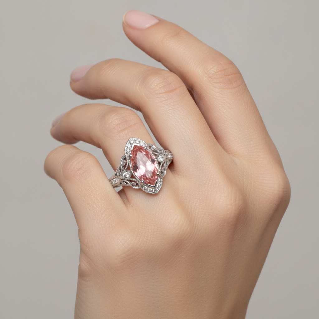 Peach Sapphire 3.8 Carat Lab Grown Marquise Padparadscha Halo Vintage Ring 14K White Gold