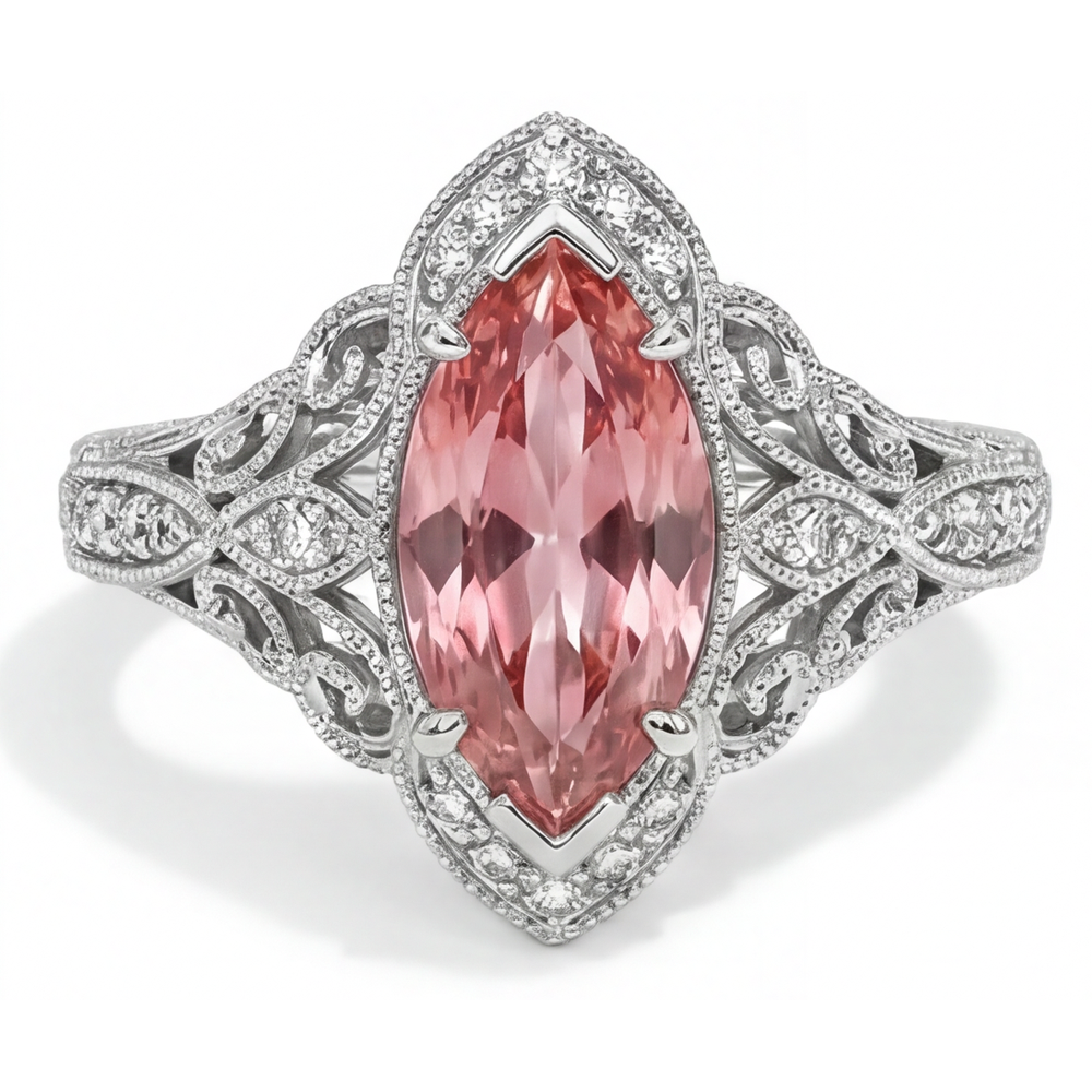 Peach Sapphire 3.8 Carat Lab Grown Marquise Padparadscha Halo Vintage Ring 14K White Gold