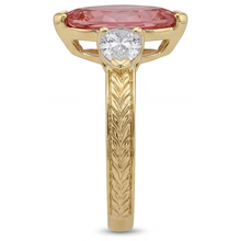 Peach Color Sapphire 4.1 Carat Lab Grown Marquise Padparadscha Three Stone Ring 14K Yellow Gold