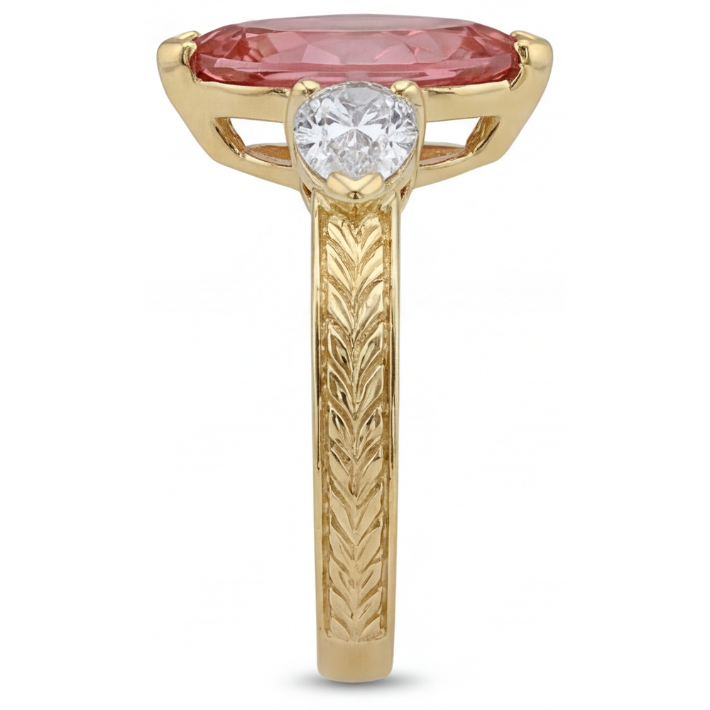 Peach Color Sapphire 4.1 Carat Lab Grown Marquise Padparadscha Three Stone Ring 14K Yellow Gold