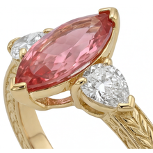 Peach Color Sapphire 4.1 Carat Lab Grown Marquise Padparadscha Three Stone Ring 14K Yellow Gold