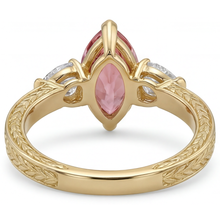 Peach Color Sapphire 4.1 Carat Lab Grown Marquise Padparadscha Three Stone Ring 14K Yellow Gold