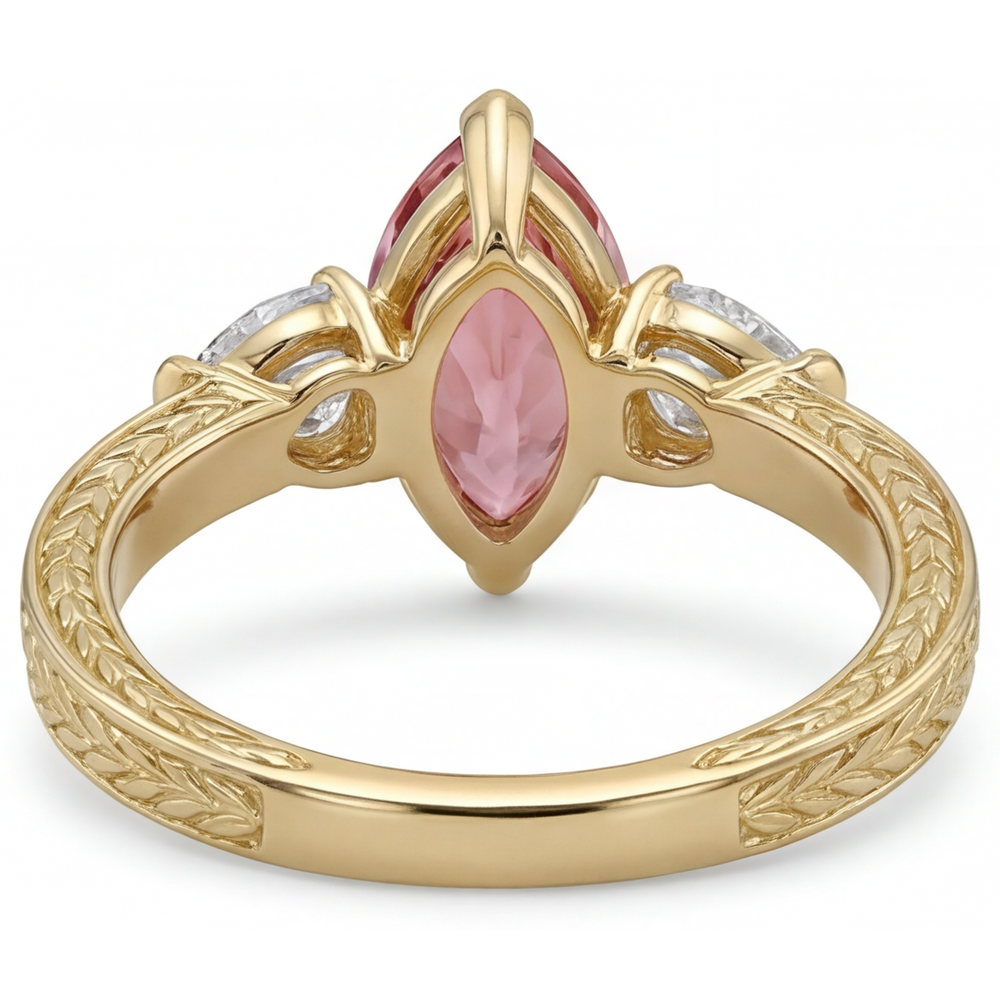 Peach Color Sapphire 4.1 Carat Lab Grown Marquise Padparadscha Three Stone Ring 14K Yellow Gold