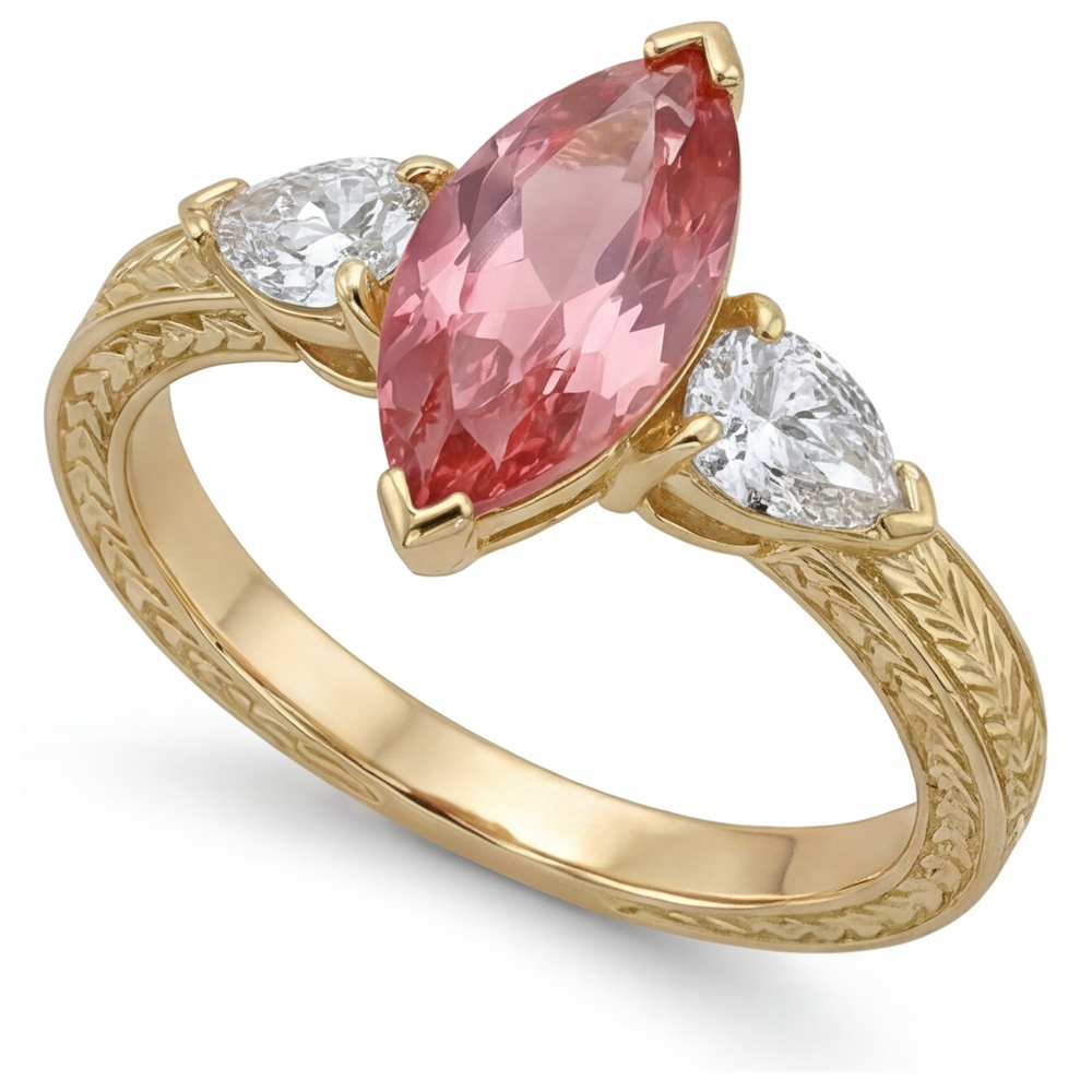 Peach Color Sapphire 4.1 Carat Lab Grown Marquise Padparadscha Three Stone Ring 14K Yellow Gold