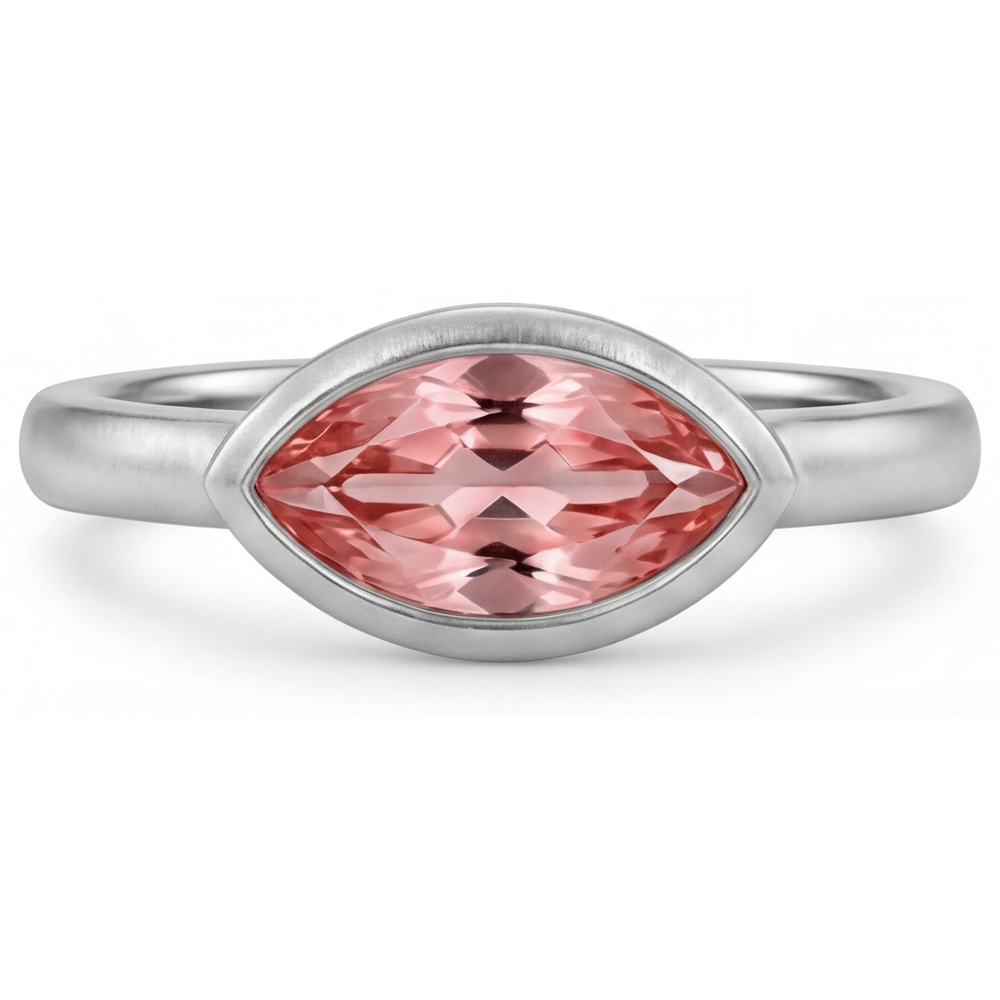 Antique Padparadscha Sapphire Ring 3.5 Carat Lab Grown Marquise Bezel Solitaire 14K White Gold