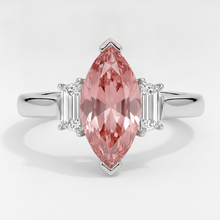 Peach Sapphire 3.1 Carat Genuine Marquise Padparadscha and White Baguette Three Stone Ring Platinum