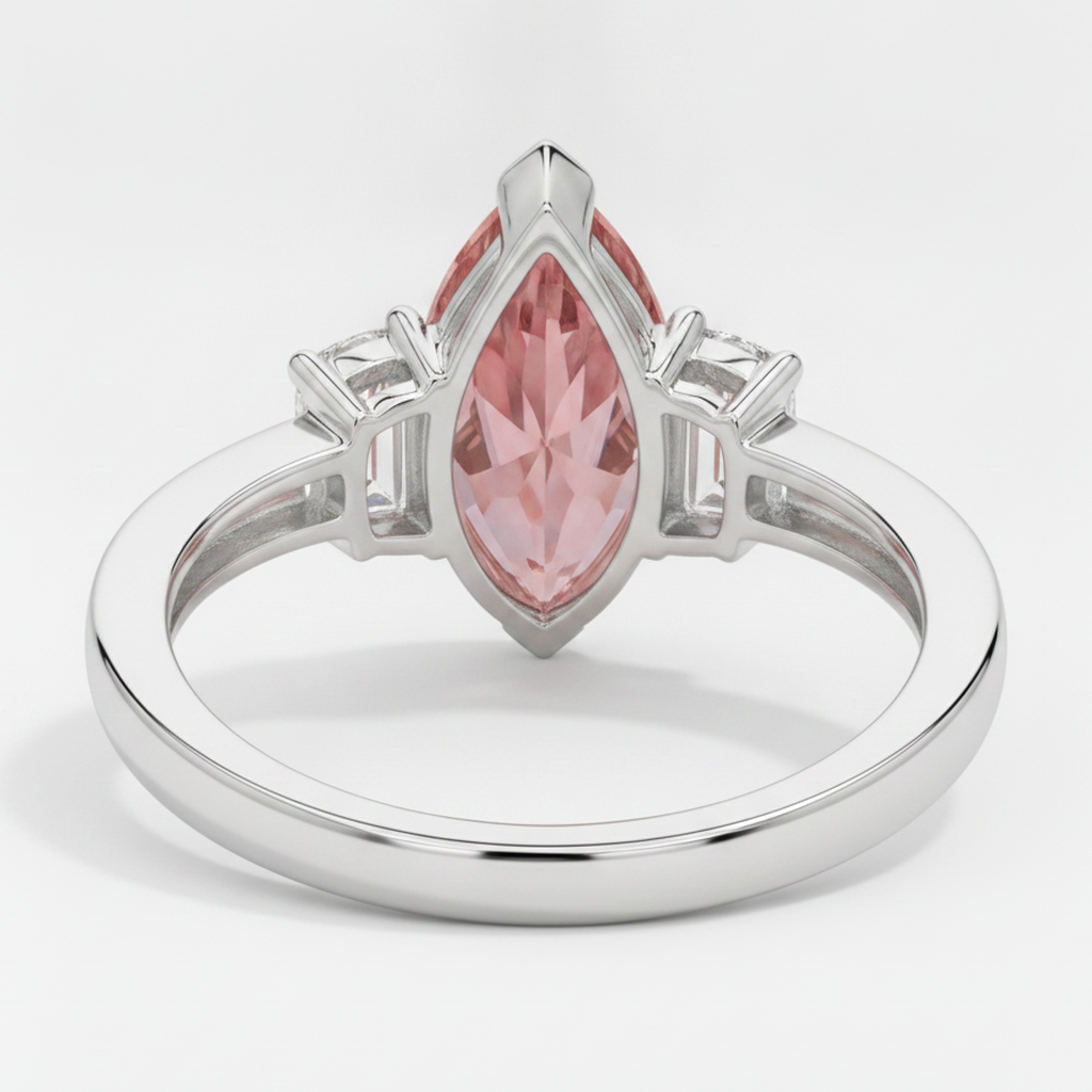 Peach Sapphire 3.1 Carat Genuine Marquise Padparadscha and White Baguette Three Stone Ring Platinum