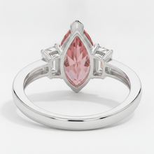 Peach Sapphire 3.1 Carat Genuine Marquise Padparadscha and White Baguette Three Stone Ring Platinum