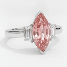 Peach Sapphire 3.1 Carat Genuine Marquise Padparadscha and White Baguette Three Stone Ring Platinum