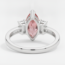 Peach Sapphire 3.1 Carat Genuine Marquise Padparadscha and White Baguette Three Stone Ring Platinum