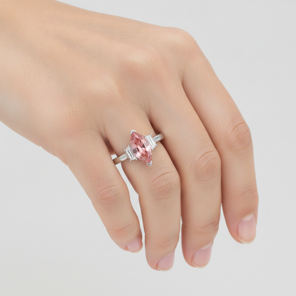 Peach Sapphire 3.1 Carat Genuine Marquise Padparadscha and White Baguette Three Stone Ring Platinum