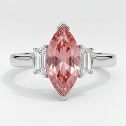 Peach Sapphire 3.1 Carat Genuine Marquise Padparadscha and White Baguette Three Stone Ring Platinum