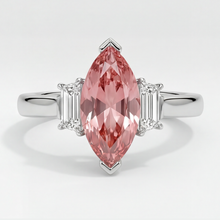 Peach Sapphire 3.1 Carat Genuine Marquise Padparadscha and White Baguette Three Stone Ring Platinum