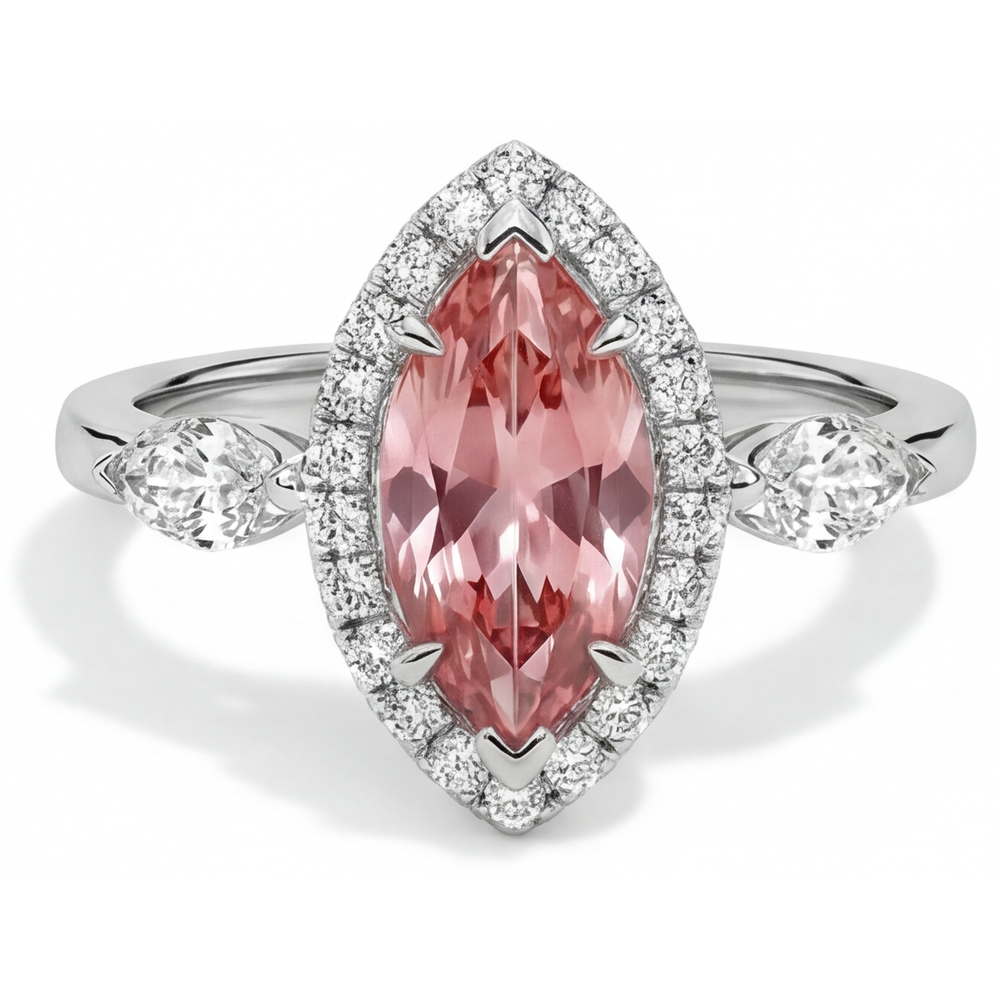Padparadscha Sapphire Ring 2.3 Carat Genuine Marquise Halo Vintage 14K White Gold