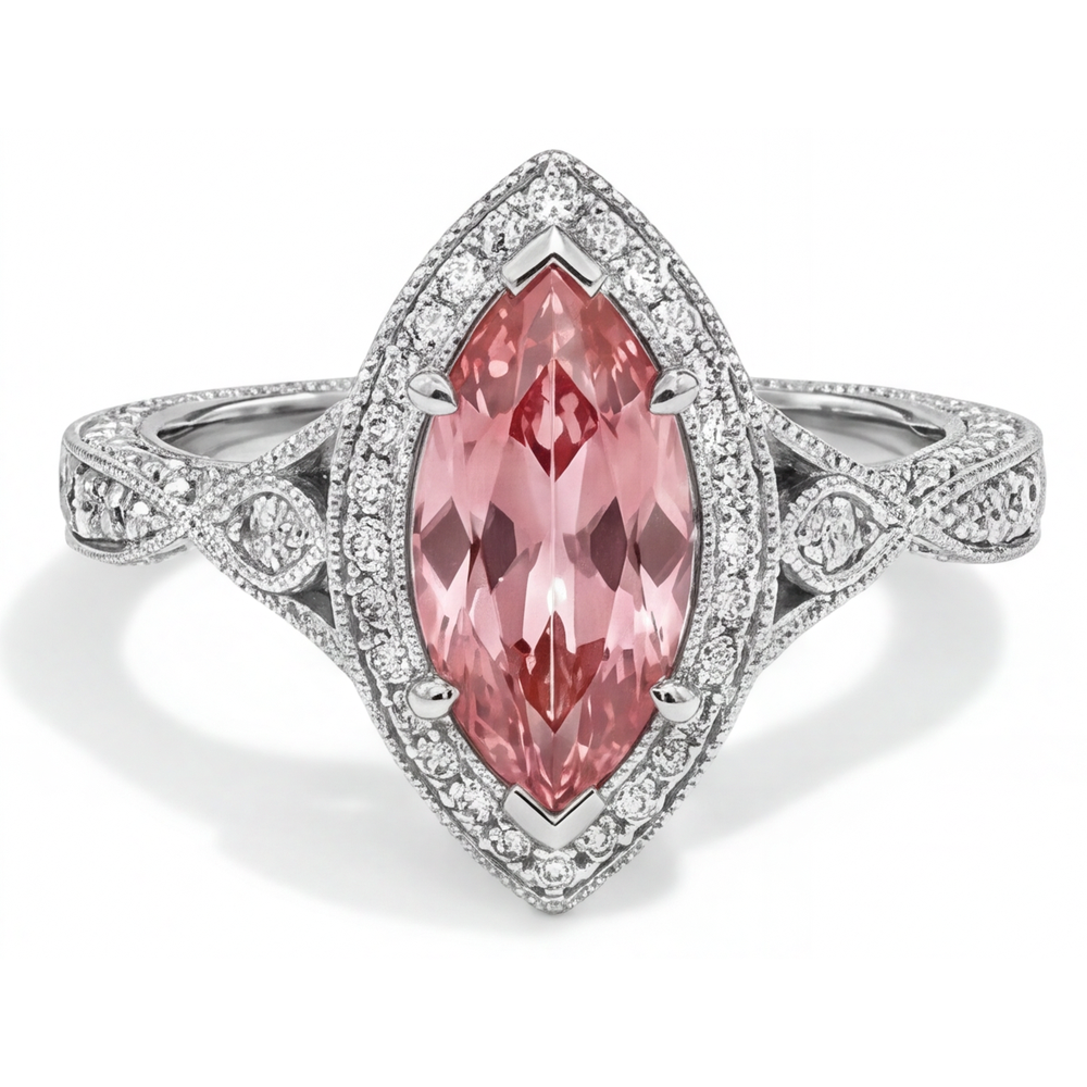 Peach Sapphire Ring 2.3 Carat Real Marquise Padparadscha Halo Split Shank 14K White Gold