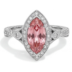 Peach Sapphire Ring 2.3 Carat Real Marquise Padparadscha Halo Split Shank 14K White Gold