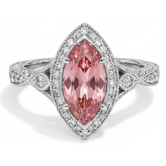 Peach Sapphire Ring 2.3 Carat Real Marquise Padparadscha Halo Split Shank 14K White Gold