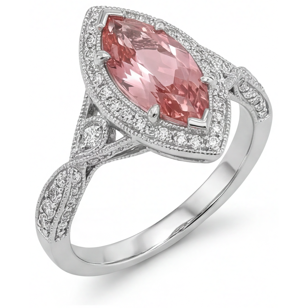 Peach Sapphire Ring 2.3 Carat Real Marquise Padparadscha Halo Split Shank 14K White Gold