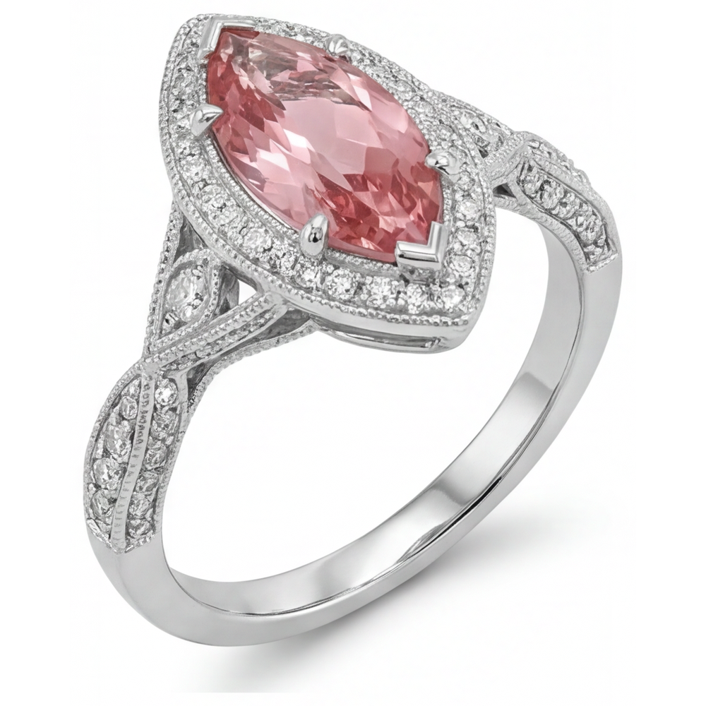 Peach Sapphire Ring 2.3 Carat Real Marquise Padparadscha Halo Split Shank 14K White Gold