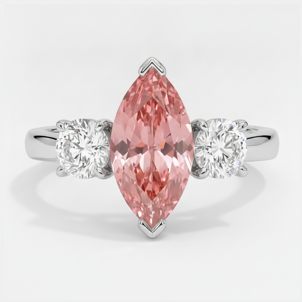 Padparadscha Sapphire Ring 3.1 Carat Real Marquise Three Stone Platinum