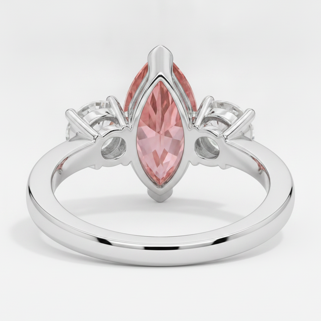 Padparadscha Sapphire Ring 3.1 Carat Real Marquise Three Stone Platinum
