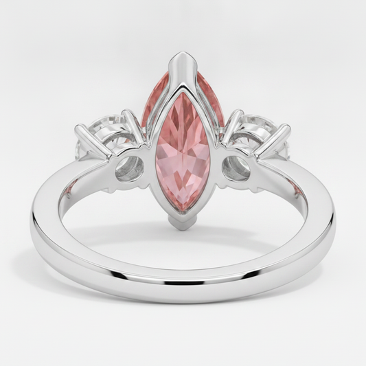 Padparadscha Sapphire Ring 3.1 Carat Real Marquise Three Stone Platinum